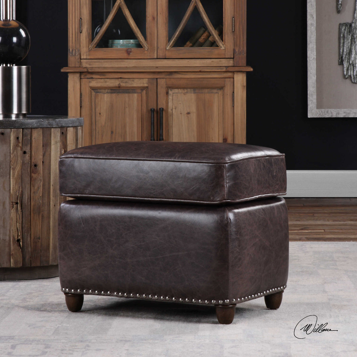 Roosevelt Leather Revtangle Ottoman, Smoke