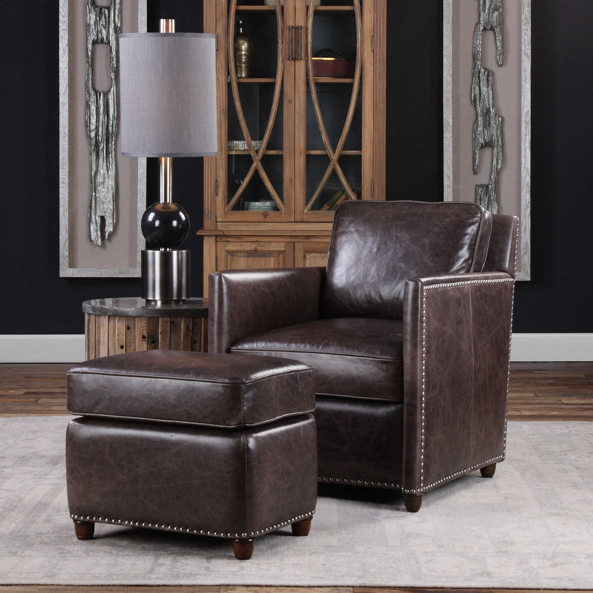 Roosevelt Leather Revtangle Ottoman, Smoke